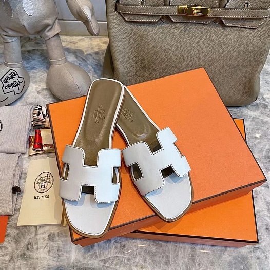 Женские кожаные шлёпанцы Hermes Premium - White   