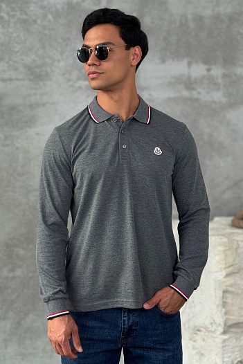 Серое поло с длинным рукавом Moncler logo-patch   