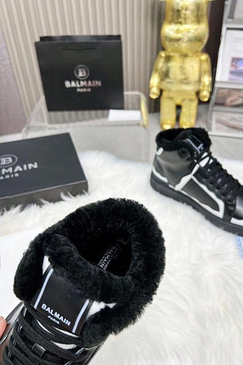 Кожаные кроссовки с мехом Balmain high-top - Black / White   