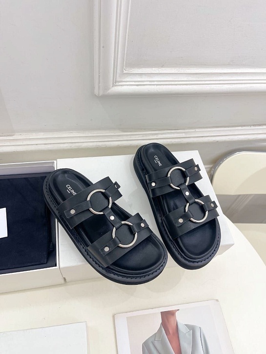 Женские кожаные шлёпанцы Celine Tippi - Black