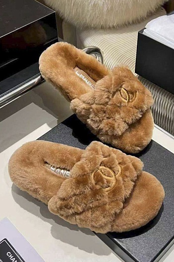 Женские меховые шлёпанцы Chanel Oran premium - Brown   