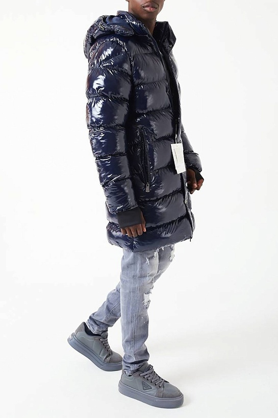 Мужская тёмно-синяя парка с глянцевым эффектом Moncler logo-patch