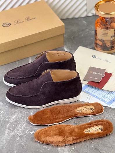 Замшевые лоферы с меховой стелькой Loro Piana Open Walk - Brown   