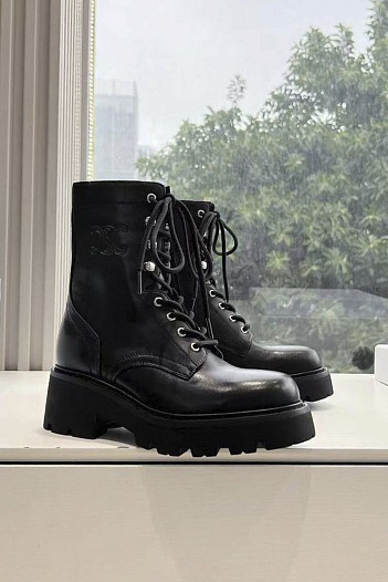 Женские кожаные ботинки с мехом Celine premium - Black   