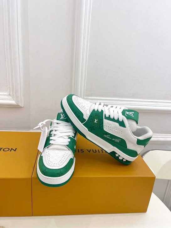 Женские кожаные кроссовки Louis Vuitton Trainer Monogram - White / Green