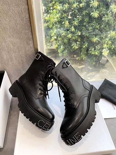 Женские кожаные ботинки с мехом Celine premium - Black   