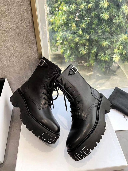 Женские кожаные ботинки с мехом Celine premium - Black