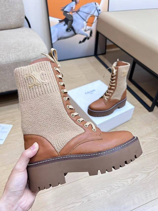 Женские комбинированные ботинки Celine Premium - Brown