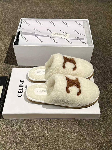 Женские меховые шлёпанцы Celine Triomphe premium   