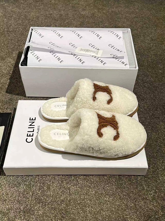 Женские меховые шлёпанцы Celine Triomphe premium