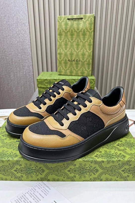 Мужские кожаные кроссовки Gucci - Beige / Black