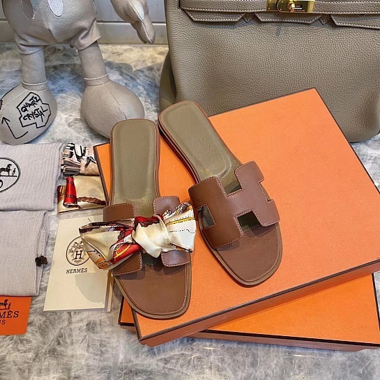 Женские кожаные шлёпанцы Hermes Premium - Brown