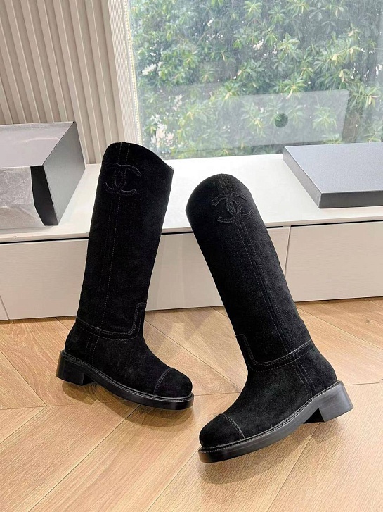 Женские замшевые сапоги Chanel Premium - Black