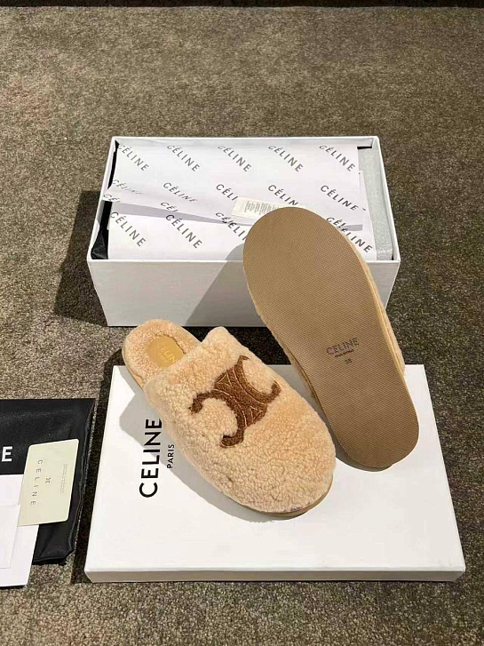 Женские меховые шлёпанцы Celine Triomphe premium