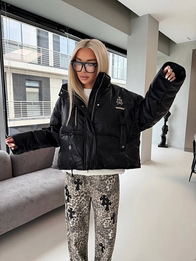 Женская пуховая куртка из эко кожи Chrome Hearts   