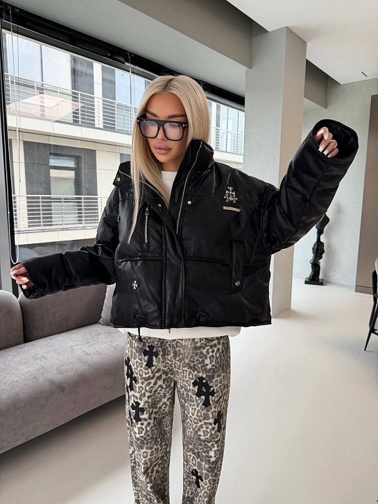 Женская пуховая куртка из эко кожи Chrome Hearts