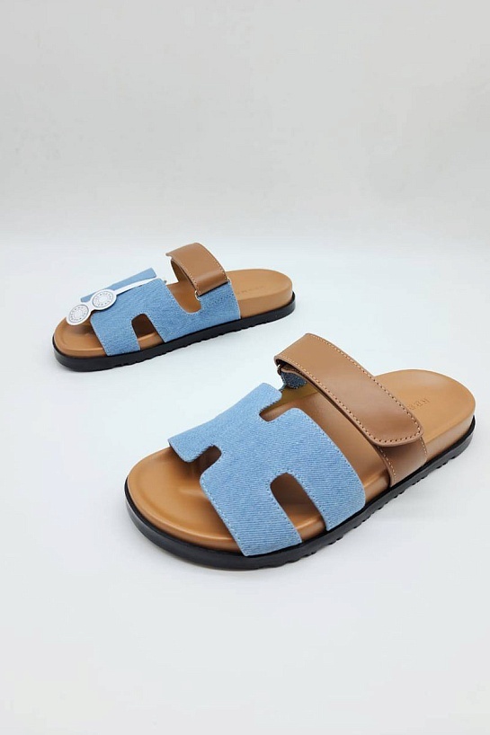 Женские кожаные сандалии Hermes Chypre - Blue / Brown