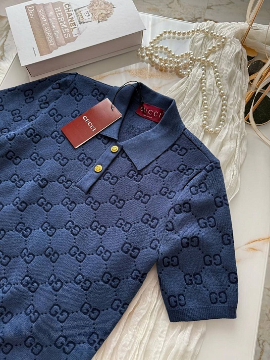 Синее женское поло Gucci GG monogram-pattern