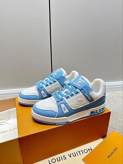 Женские кожаные кроссовки Louis Vuitton Trainer Monogram - White / Blue   