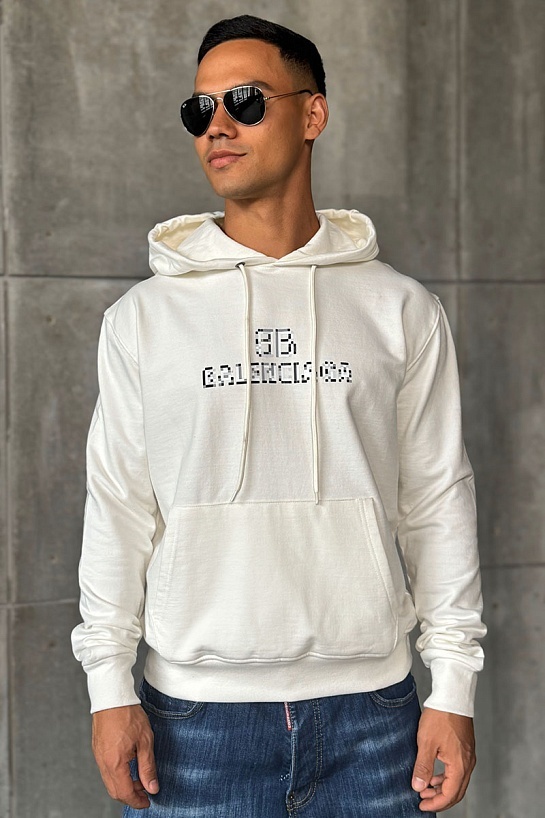Белое оверсайз худи Balenciaga Pixel Logo