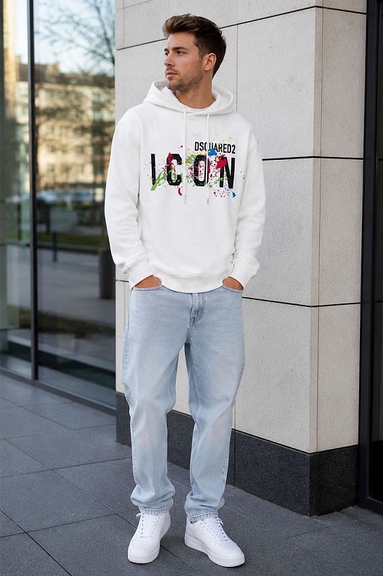 Мужское белое худи Dsquared2 Icon Splatter logo-print