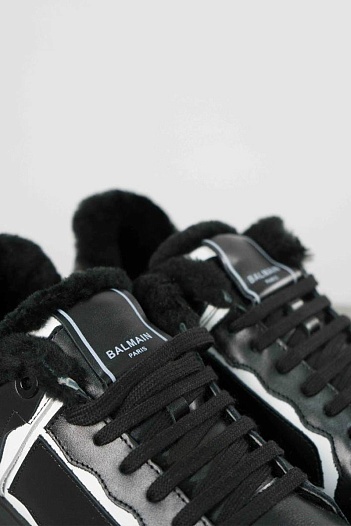 Кожаные кроссовки с мехом Balmain low-top - Black / White   