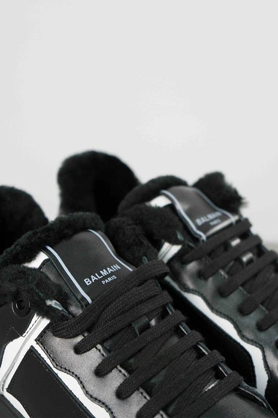 Кожаные кроссовки с мехом Balmain low-top - Black / White