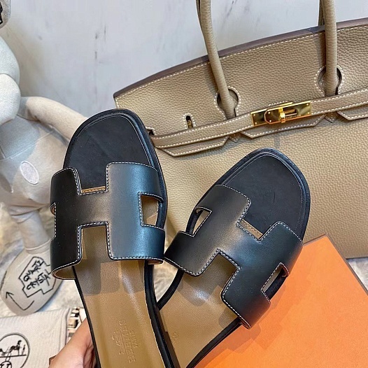 Женские кожаные шлёпанцы Hermes Premium - Black   