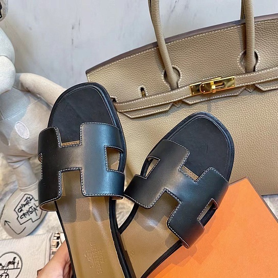 Женские кожаные шлёпанцы Hermes Premium - Black