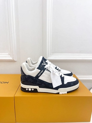 Женские кожаные кроссовки Louis Vuitton Trainer Monogram - White / Blue   