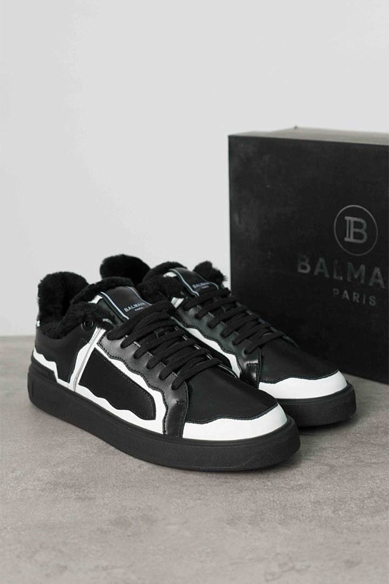 Кожаные кроссовки с мехом Balmain low-top - Black / White