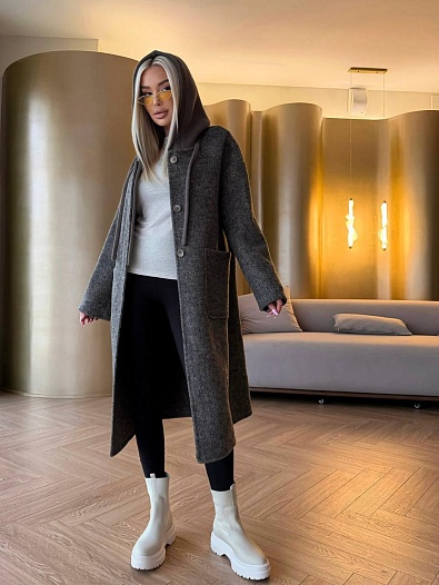 Женское шерстяное пальто с капюшоном MIU MIU Premium - Grey   