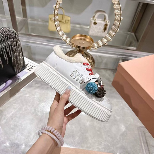 Женские кожаные кроссовки с мехом MIU MIU premium   