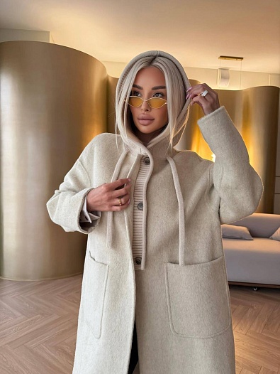 Женское шерстяное пальто с капюшоном MIU MIU Premium - Beige   