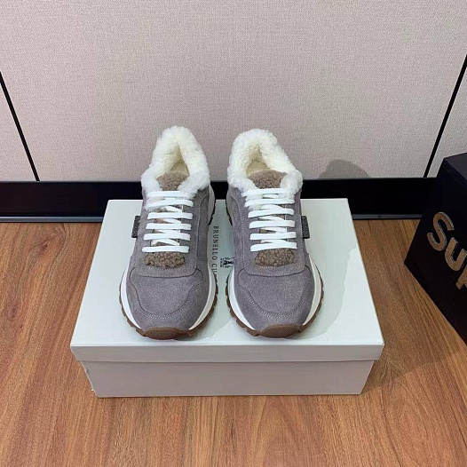 Женские замшевые кроссовки с мехом Brunello Cucinelli premium   