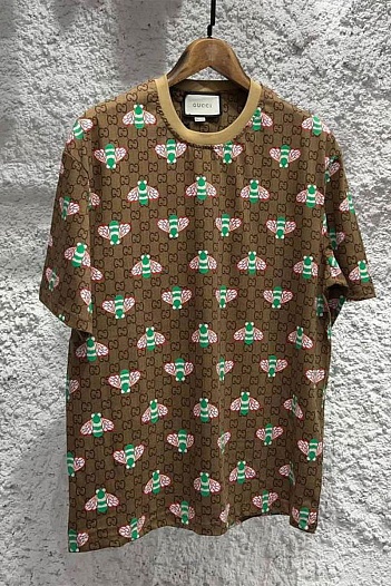 Брендовая оверсайз футболка Gucci GG logo all-over "Bee" - Brown   