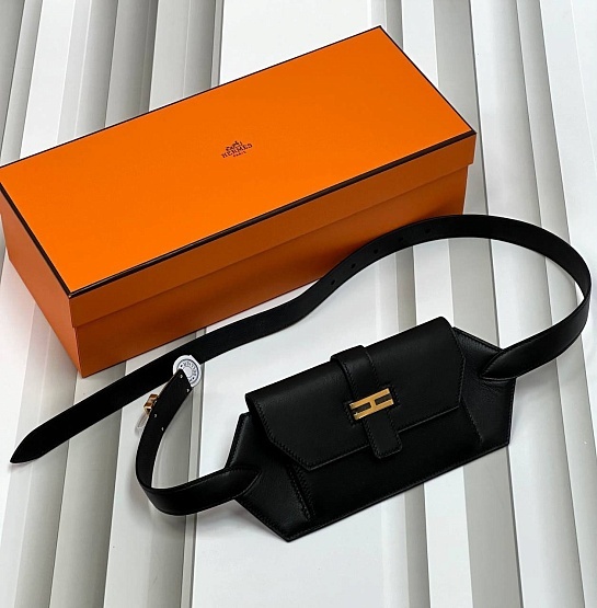 Кожаный ремень Hermes Elan Pocket 24x12 см - Black / Gold