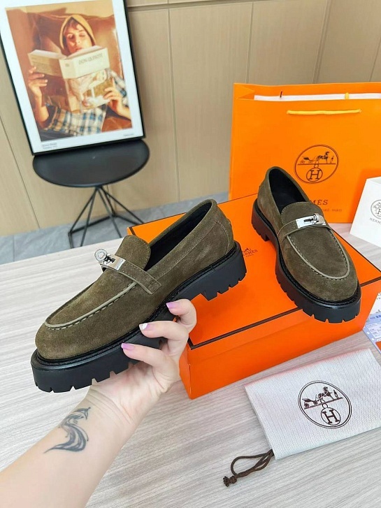 Женские замшевые лоферы Hermes Premium - Green