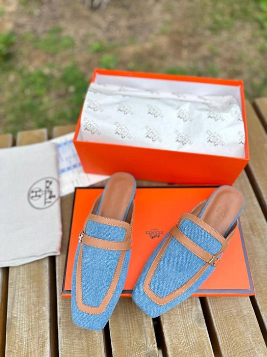 Женские кожаные мюли Hermes Groupie - Blue / Brown