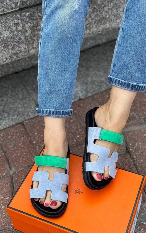 Женские замшевые сандалии Hermes Chypre - Green / Blue