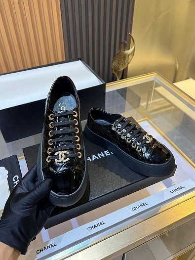 Женские кожаные кроссовки Chanel Premium - Black   