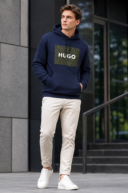 Тёмно-синее мужское худи Hugo Boss Dreeman logo-print