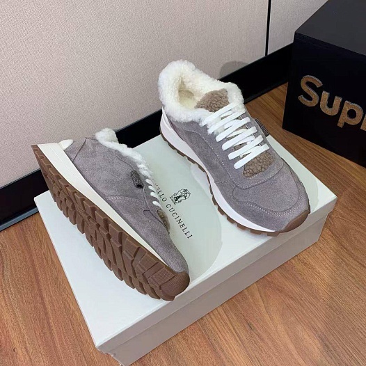 Женские замшевые кроссовки с мехом Brunello Cucinelli premium   