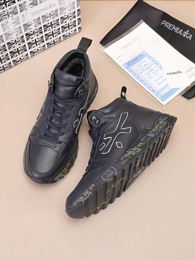 Кожаные кроссовки с мехом Premiata high-top - Navy   