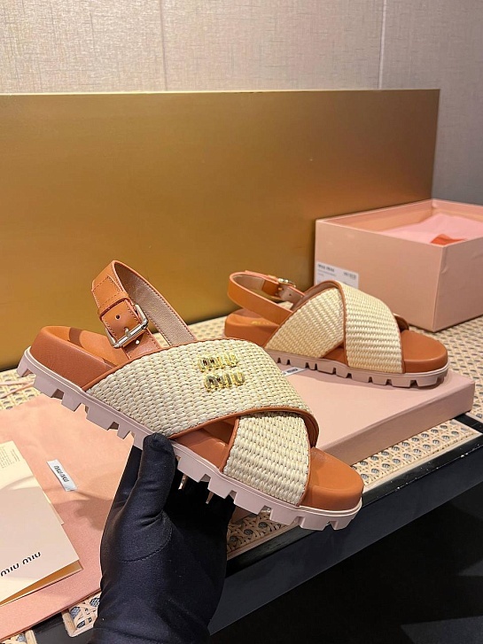 Женские кожаные сандалии MIU MIU Premium - Brown