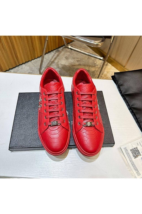 Мужские кожаные кроссовки Philipp Plein красного цвета