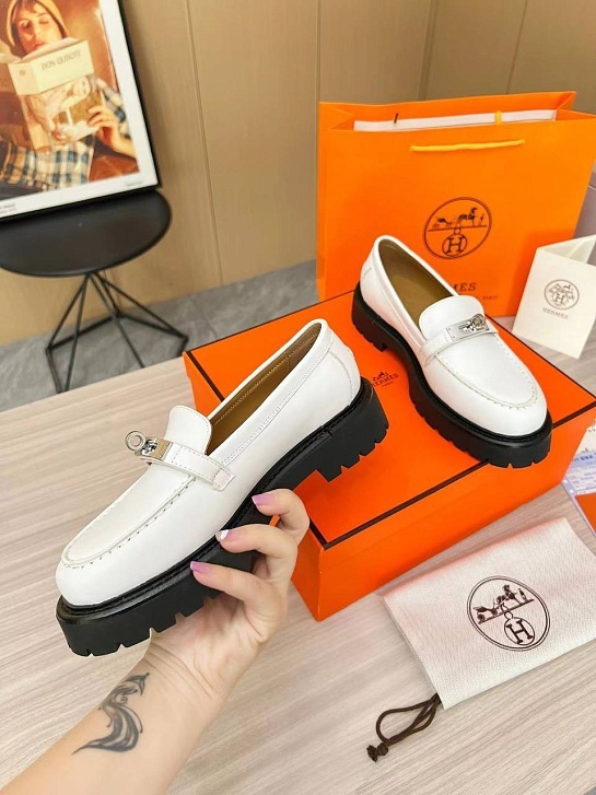 Женские кожаные лоферы Hermes Premium - White