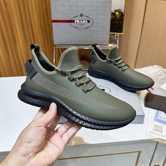 Мужские кожаные кроссовки Prada lace-up - Khaki