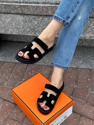 Женские замшевые сандалии Hermes Chypre - Black   