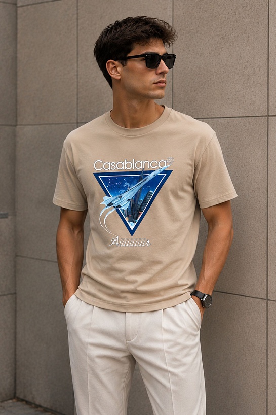 Бежевая футболка Casablanca Aiiiiiir logo-print